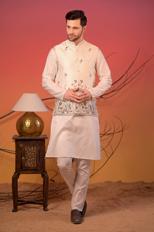 White satin Linen with Ivory Floral Embroidered Nehru Jacket & Pants Set