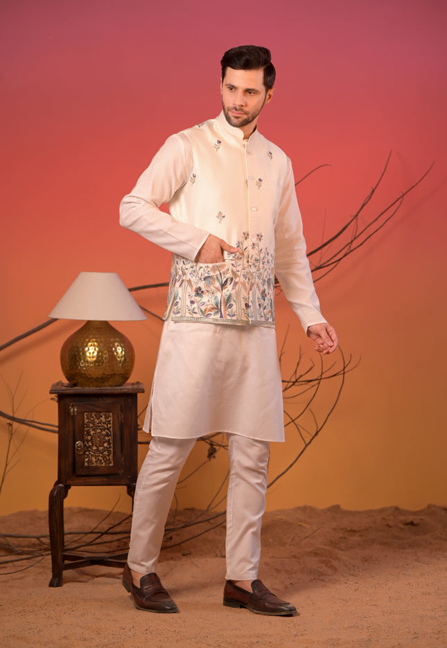 White satin Linen with Ivory Floral Embroidered Nehru Jacket & Pants Set