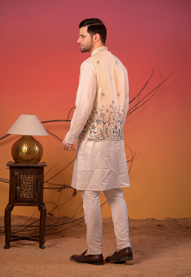 White satin Linen with Ivory Floral Embroidered Nehru Jacket & Pants Set