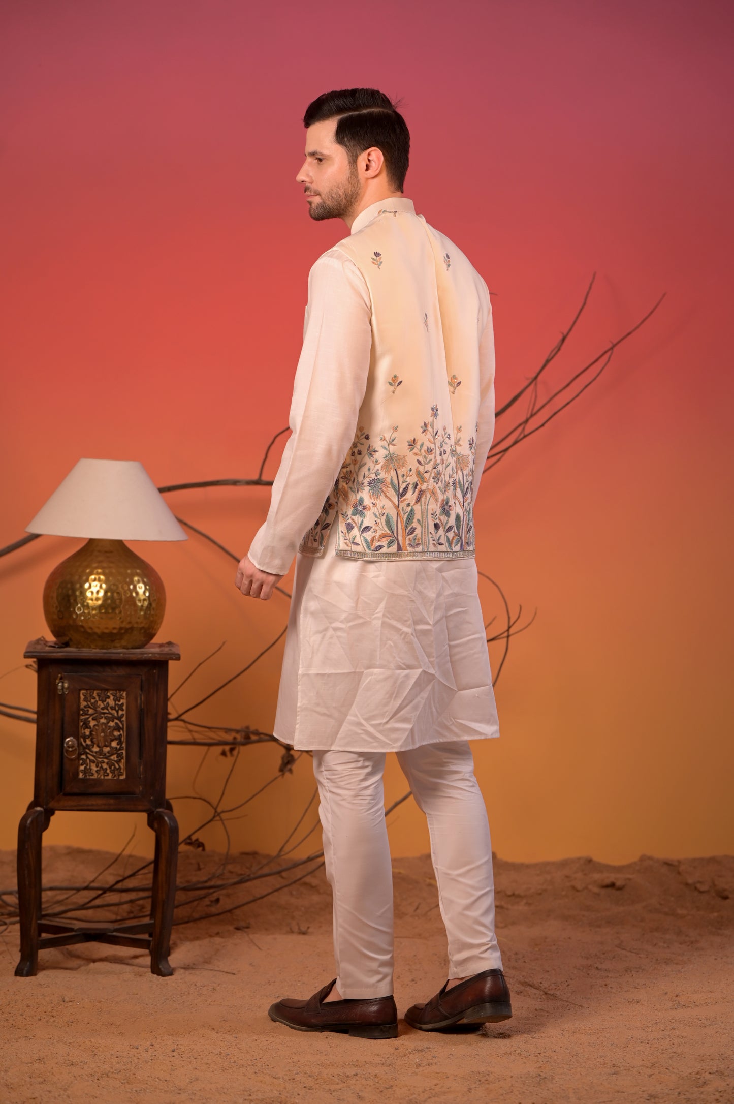 White satin Linen with Ivory Floral Embroidered Nehru Jacket & Pants Set