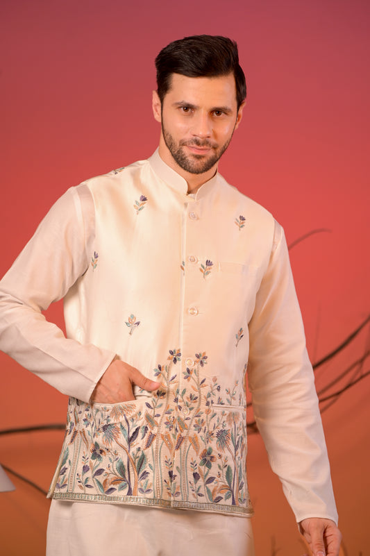Ivory Floral Embroidered Nehru Jacket