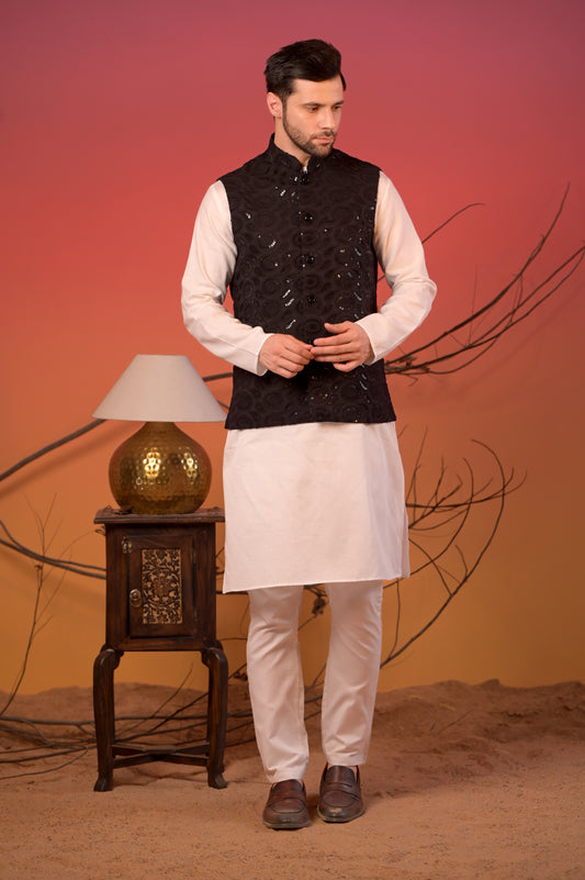 White Satin Linen Kurta with Black Hakoba Sequin Nehru Jacket & Trousers Set