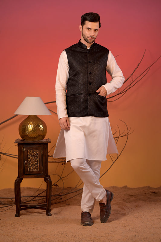 White Satin Linen Kurta with Textured Black Jacquard Nehru Jacket & Trousers Set