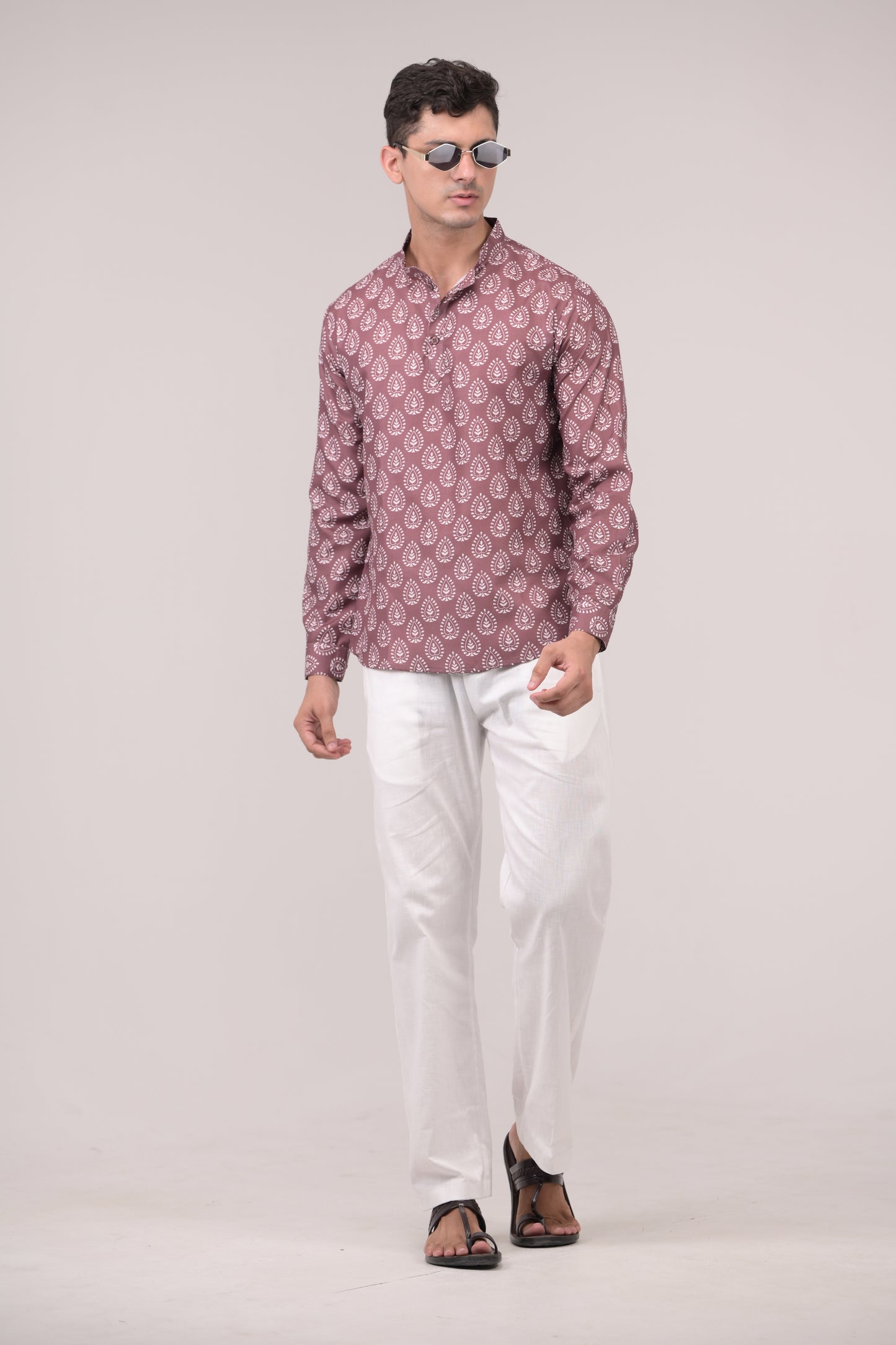 Light purple Block Print Linen blend Short Kurta