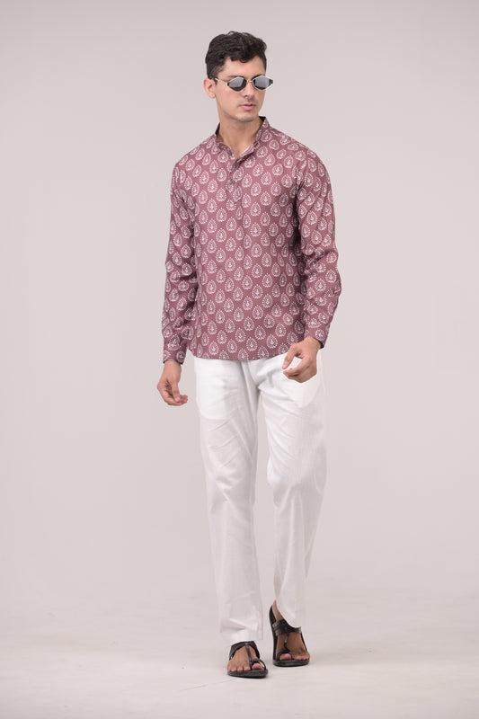 Light purple Block Print Linen blend Short Kurta