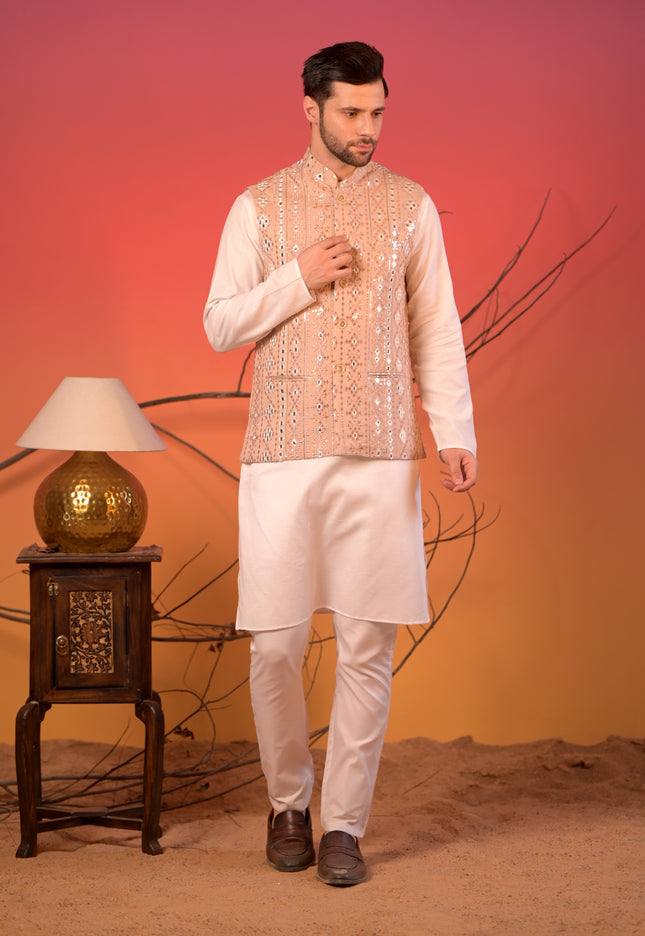 White Linen Silk Kurta with Beige Mirror Embroidered Nehru Jacket & Trousers Set