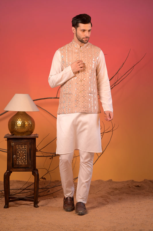 White Linen Silk Kurta with Beige Mirror Embroidered Nehru Jacket & Trousers Set