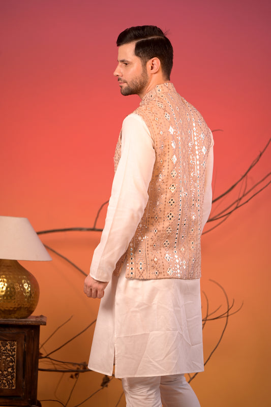 Beige Mirror Embroidered Nehru Jacket