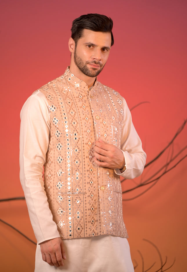Beige Mirror Embroidered Nehru Jacket
