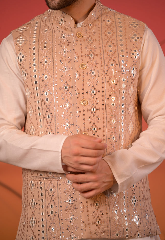 Beige Mirror Embroidered Nehru Jacket
