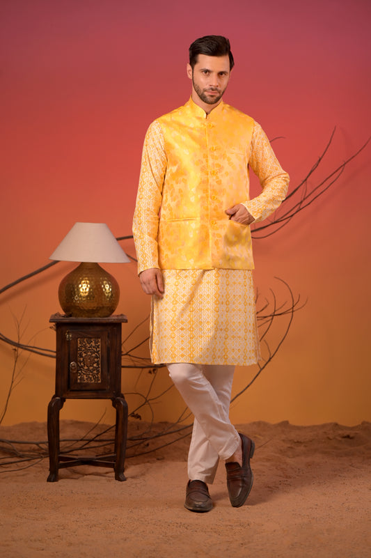 Yellow Textured Kurta with Yellow Jacquard Nehru Jacket & Trousers Set