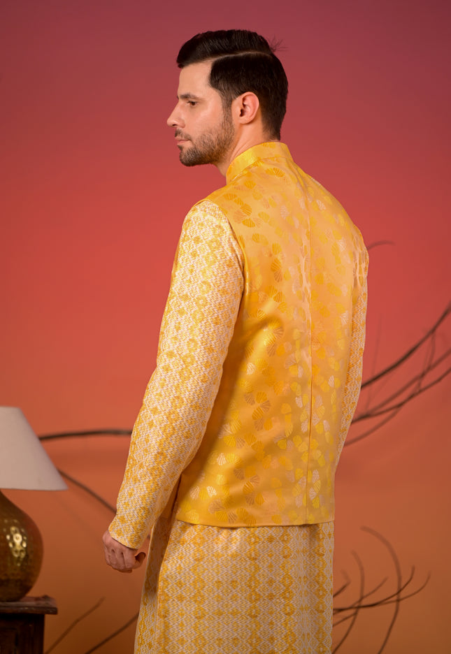 Yellow Textured Kurta with Yellow Jacquard Nehru Jacket & Trousers Set