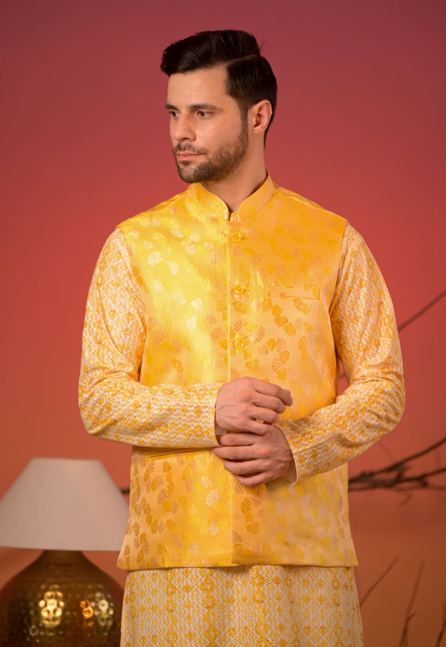 Yellow Textured Kurta with Yellow Jacquard Nehru Jacket & Trousers Set