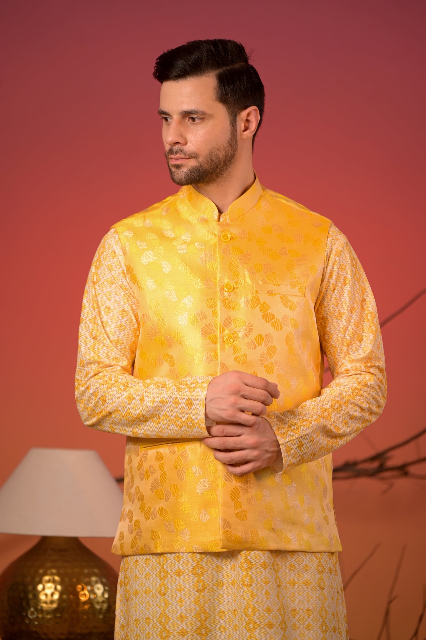 Yellow Textured Kurta with Yellow Jacquard Nehru Jacket & Trousers Set