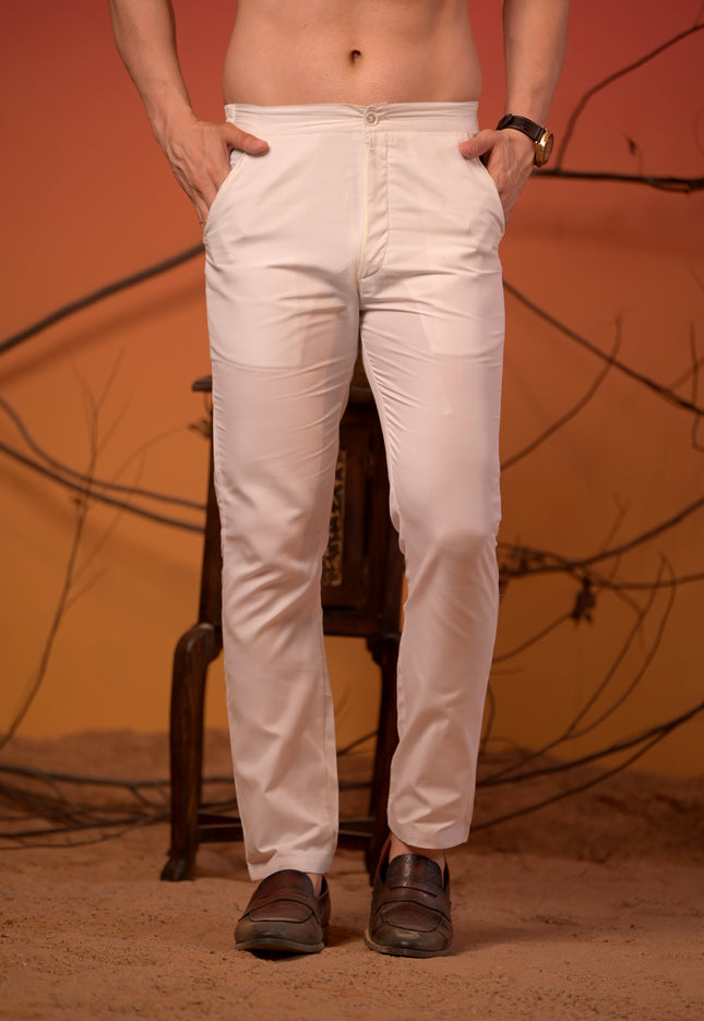 White Cotton Silk Kurta with Multicolor Leaf Print & Trousers Set