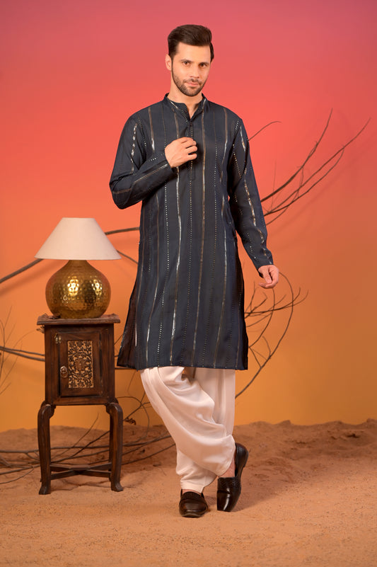 Midnight Blue Silk Kurta with Sequin Embroidery and White Salwar Set