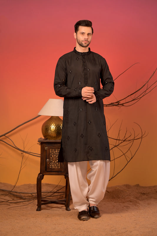 Black Embroidered Silk Kurta with Sequin Detailing & White Salwar Set
