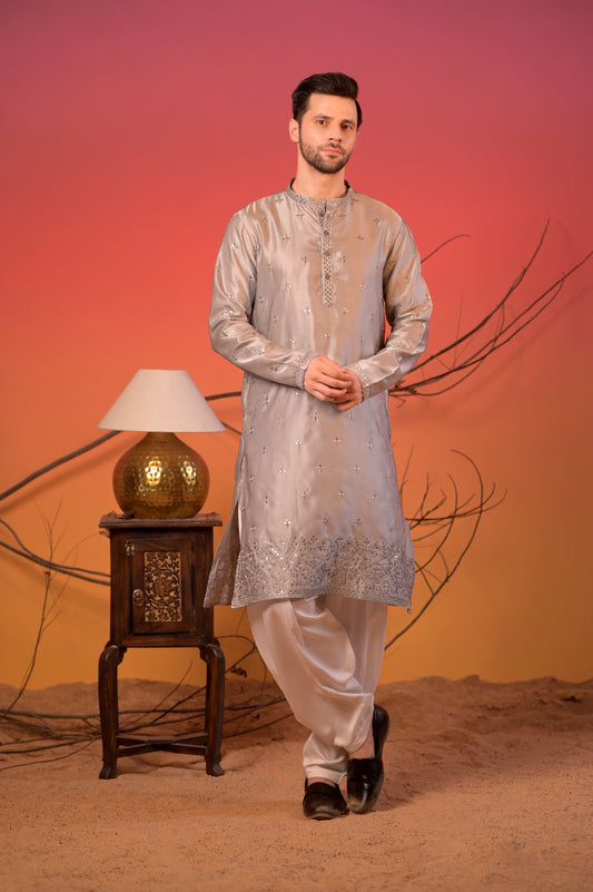 Grey Silk Kurta with Mirror Embroidery & White Salwar Set