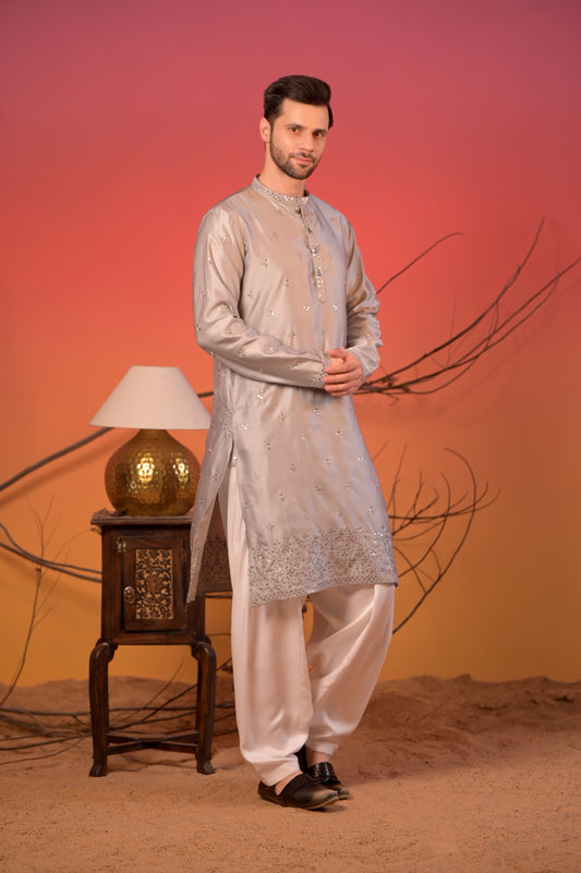 Grey Silk Kurta with Mirror Embroidery & White Salwar Set