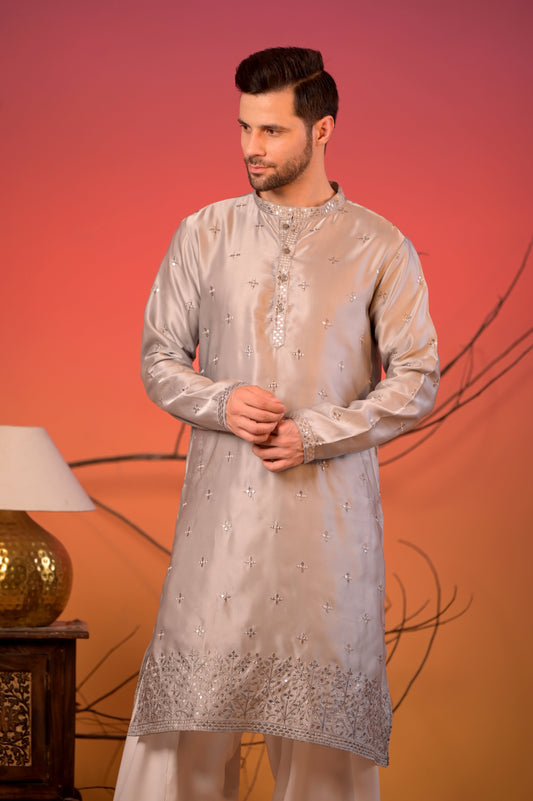 Grey Silk Kurta with Mirror Embroidery & White Salwar Set