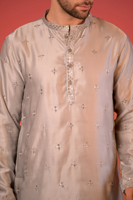 Grey Silk Kurta with Mirror Embroidery & White Salwar Set