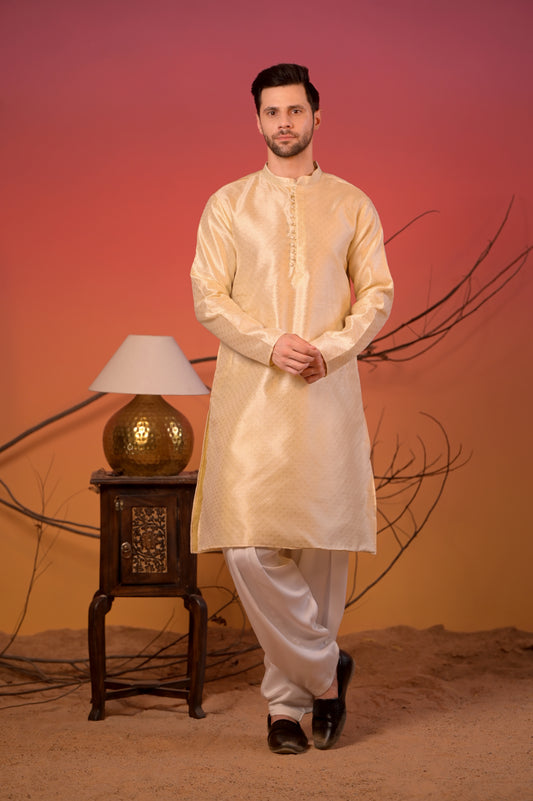 Off-White Jacquard Kurta with Subtle Self-Design & White Salwar Set