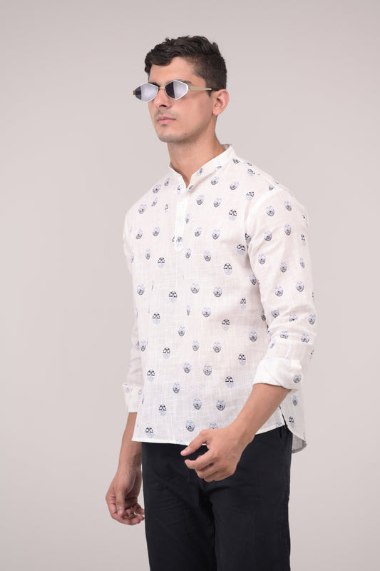 White Printed Linen blend Short Kurta
