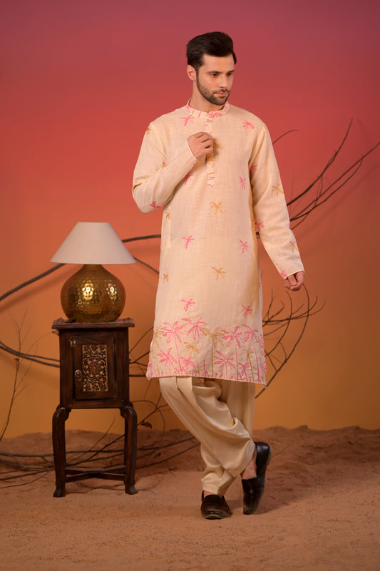 Off-White Embroidered Linen Kurta with Pink & Mustard Palm Motifs and Cream Salwar Set