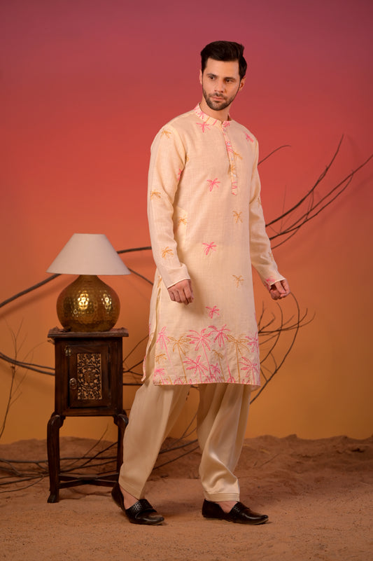 Off-White Embroidered Linen Kurta with Pink & Mustard Palm Motifs and Cream Salwar Set