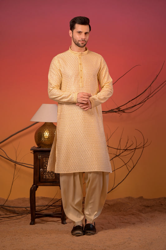 Golden Beige Cotton-Silk Kurta with Silk Thread Diamond Work & Cream Salwar Set
