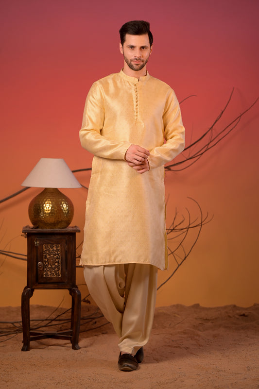 Golden Yellow Jacquard Kurta with Subtle Motif Weave & Cream Salwar Set