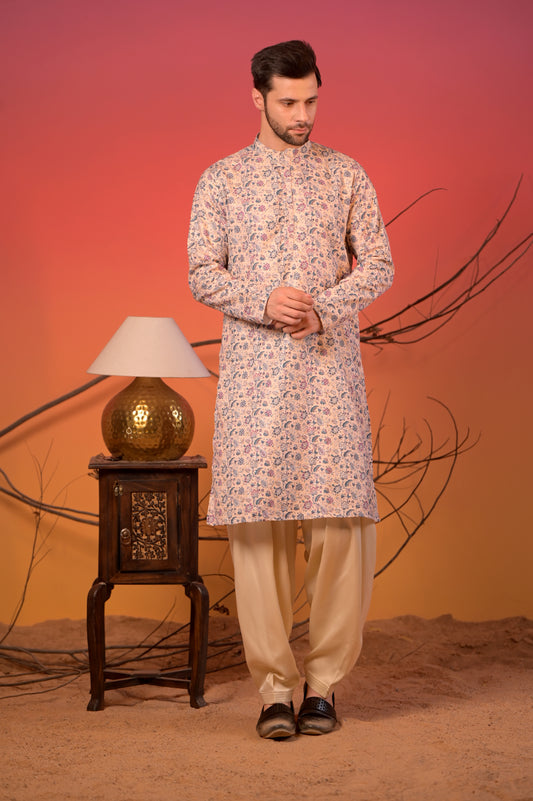 Pastel Beige Floral Printed Cotton-Silk Kurta with Golden Zari work & Cream Salwar Set