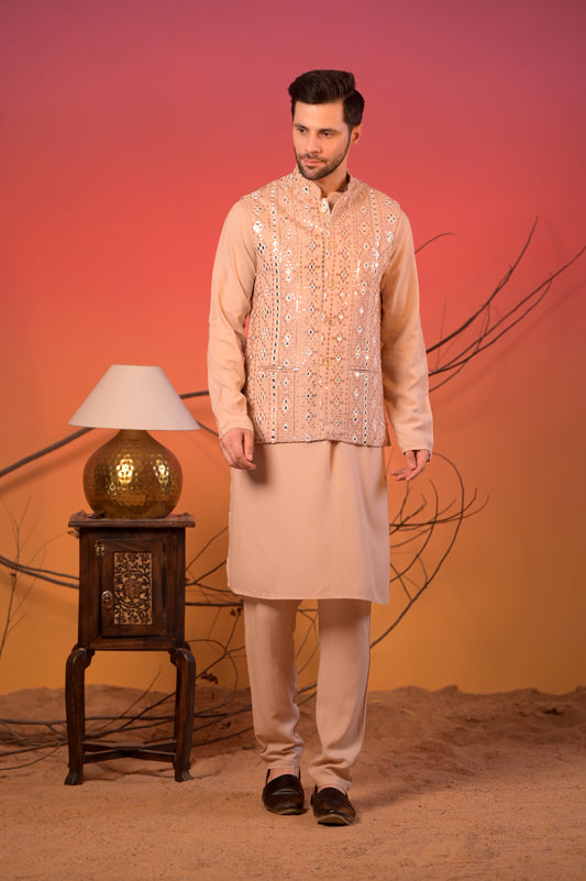 Beige Linen-Silk Kurta with Mirror-Embroidered Nehru Jacket & Trousers Set