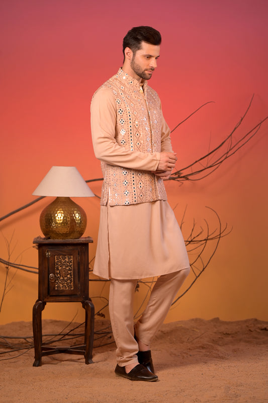 Beige Linen-Silk Kurta with Mirror-Embroidered Nehru Jacket & Trousers Set