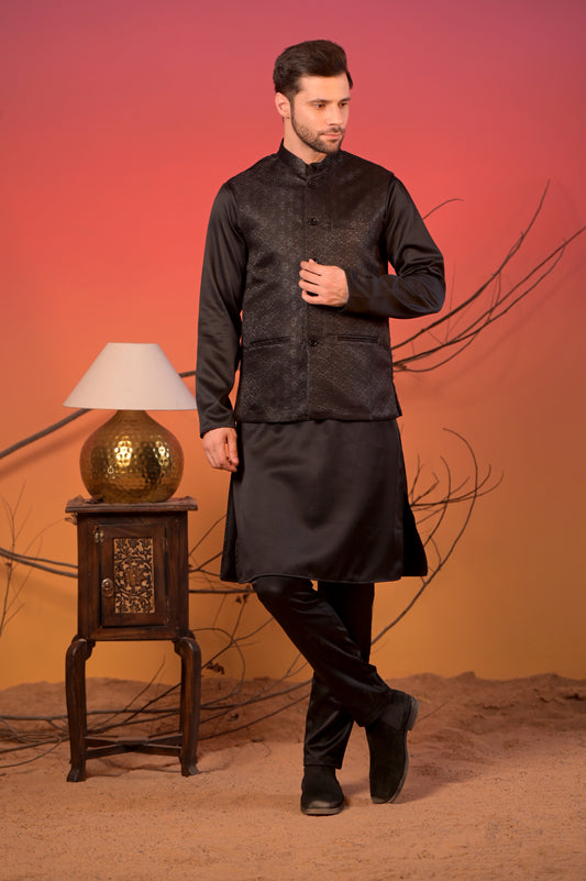 Black Jacquard Kurta with Matching Nehru Jacket & Trousers Set