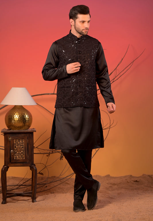 Black Satin Kurta with Hakoba Sequin-Embroidered Nehru Jacket & Trousers Set