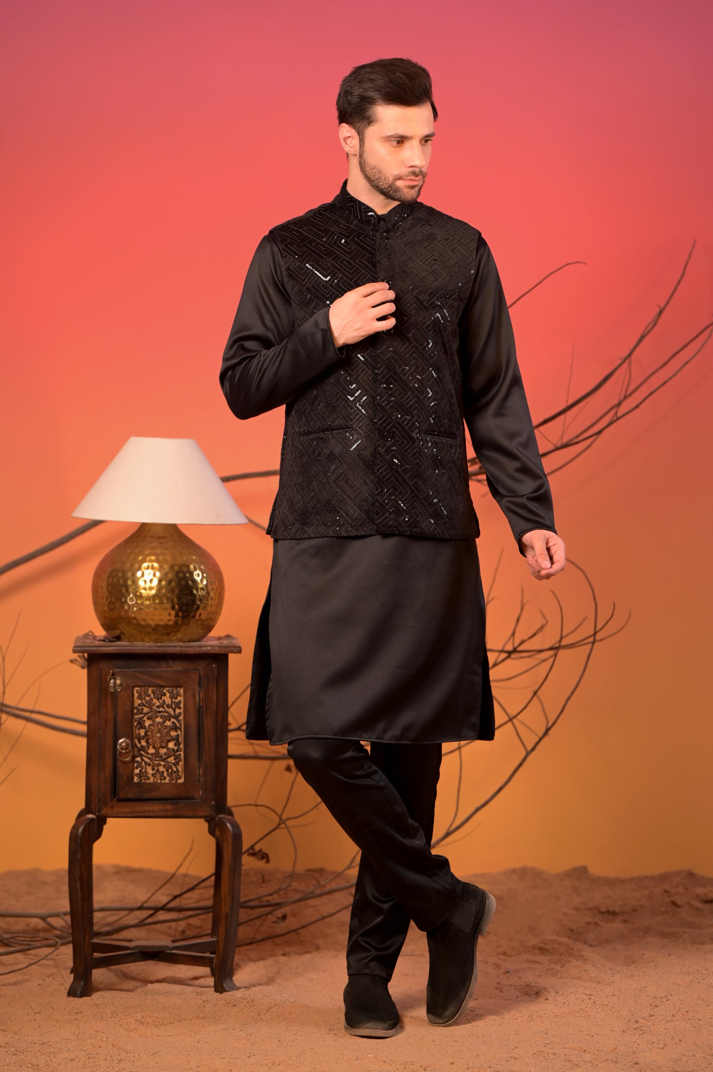 Black Sequin Embroidered Velvet Nehru Jacket with Black Satin Kurta & Trousers Set