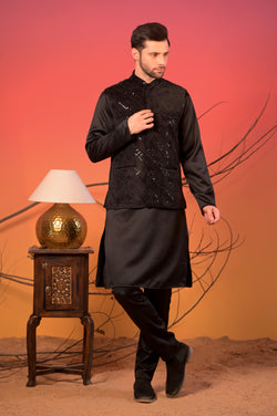 Black Sequin Embroidered Velvet Nehru Jacket with Black Satin Kurta & Trousers Set