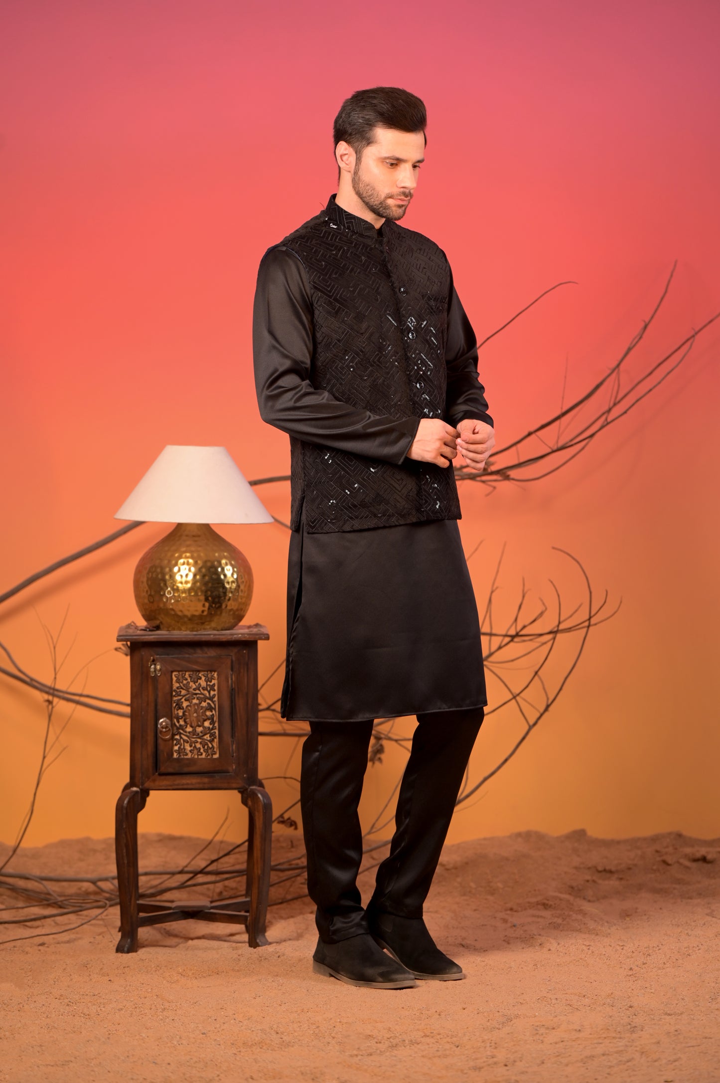 Black Sequin Embroidered Velvet Nehru Jacket with Black Satin Kurta & Trousers Set