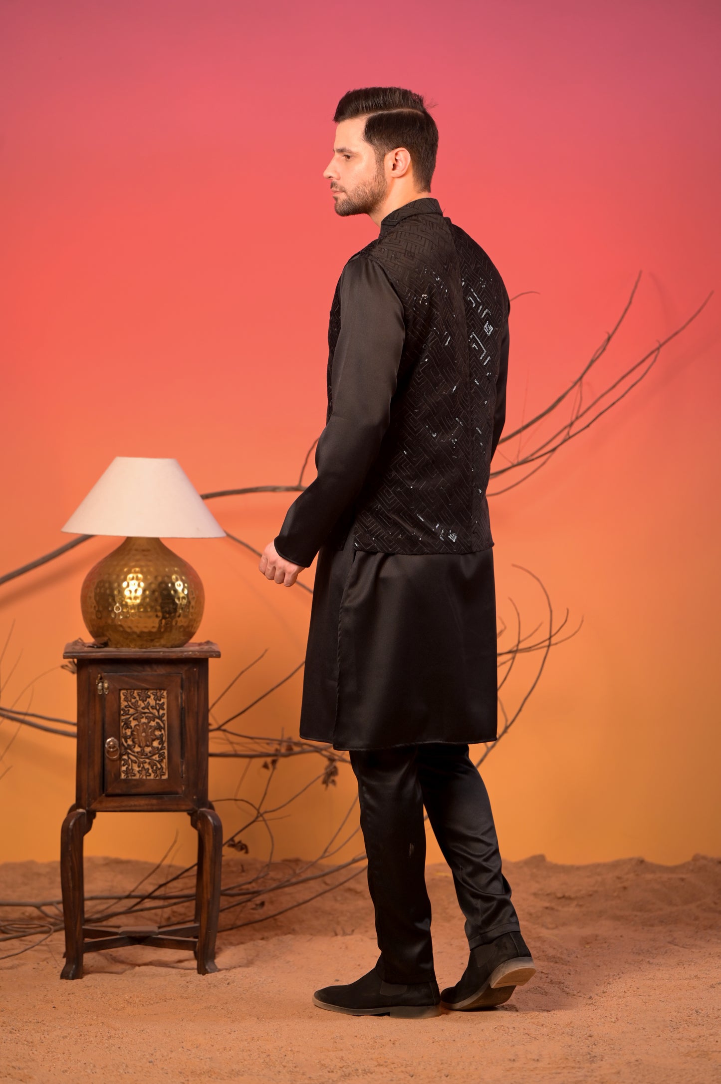Black Sequin Embroidered Velvet Nehru Jacket with Black Satin Kurta & Trousers Set