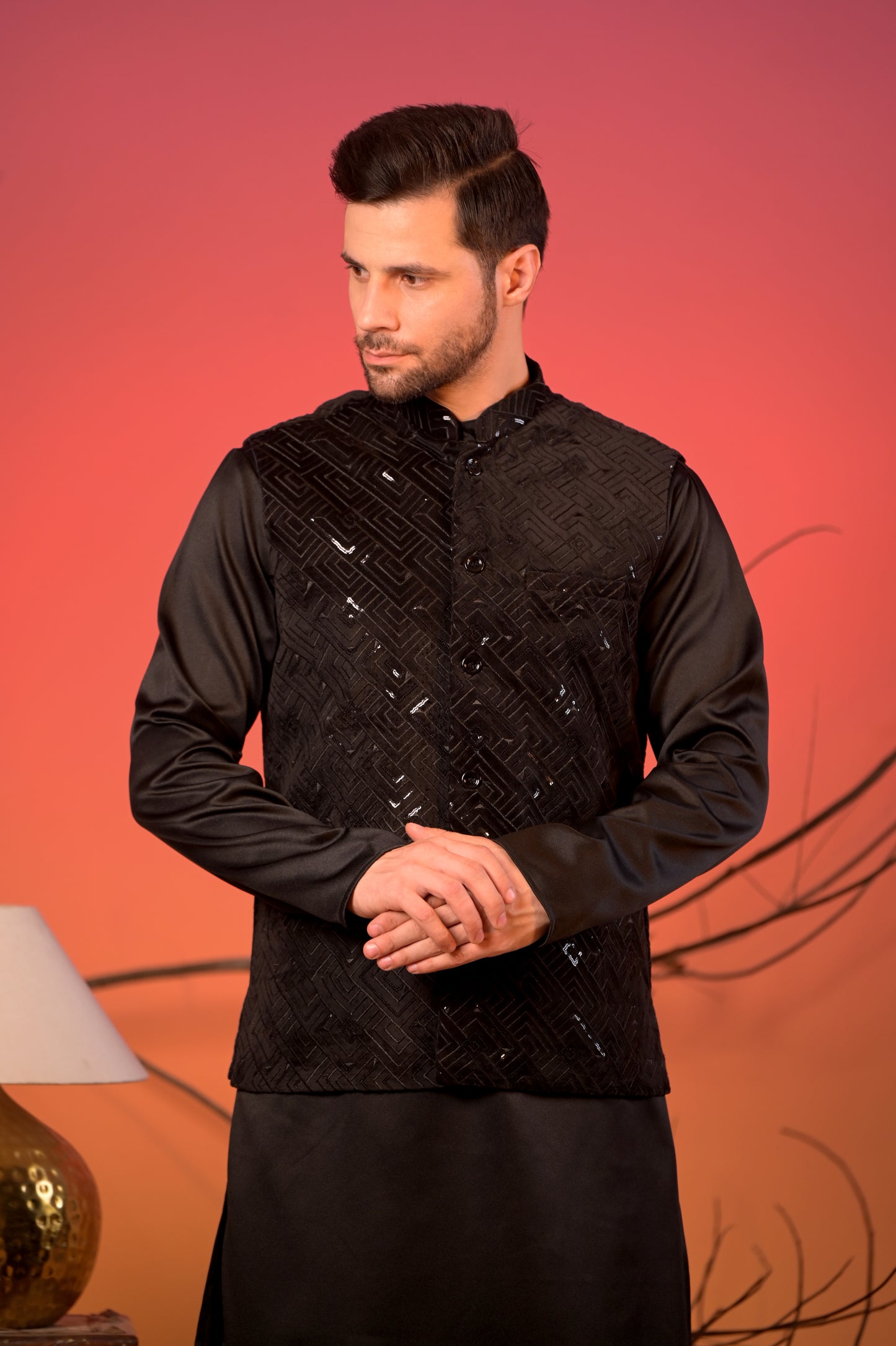 Black Sequin Embroidered Velvet Nehru Jacket with Black Satin Kurta & Trousers Set