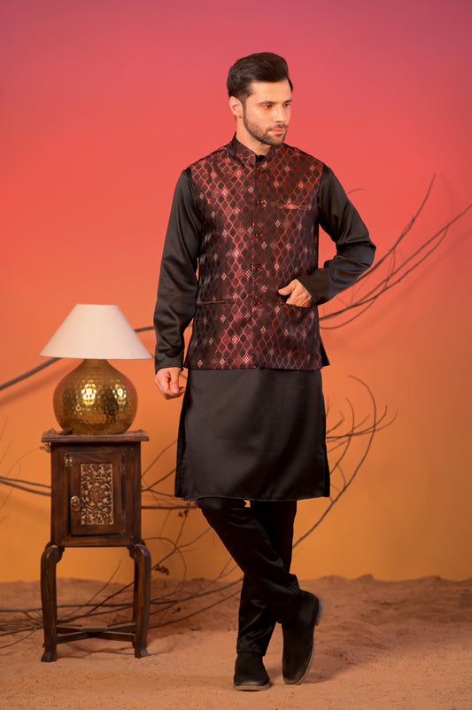 Black Jacquard Kurta with Maroon Diamond Weave Nehru Jacket & Trousers Set