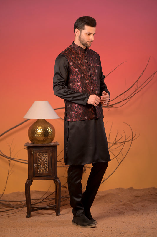 Black Jacquard Kurta with Maroon Diamond Weave Nehru Jacket & Trousers Set