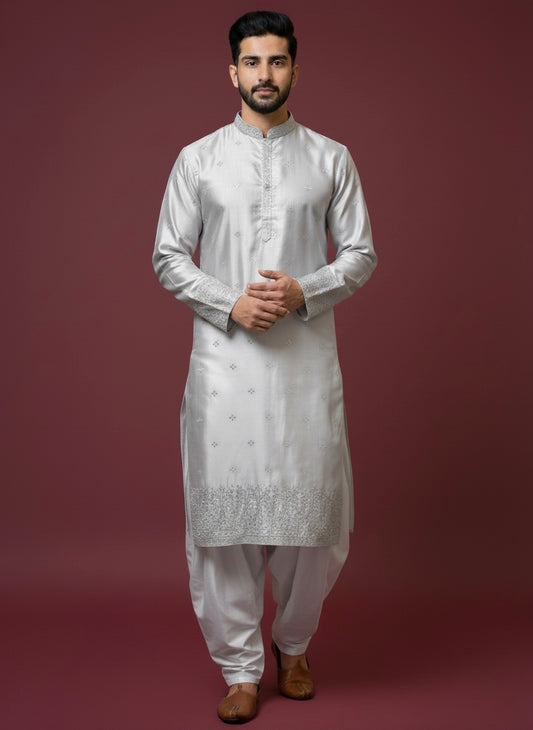 Off-White Silk Kurta with Mirror Embroidery & White Salwar Set