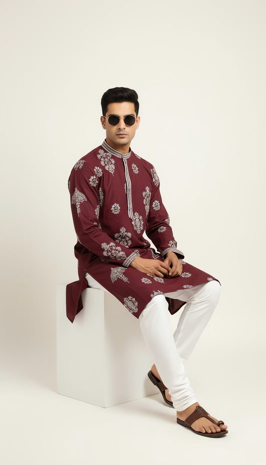 Maroon silk kurta with  embroidery