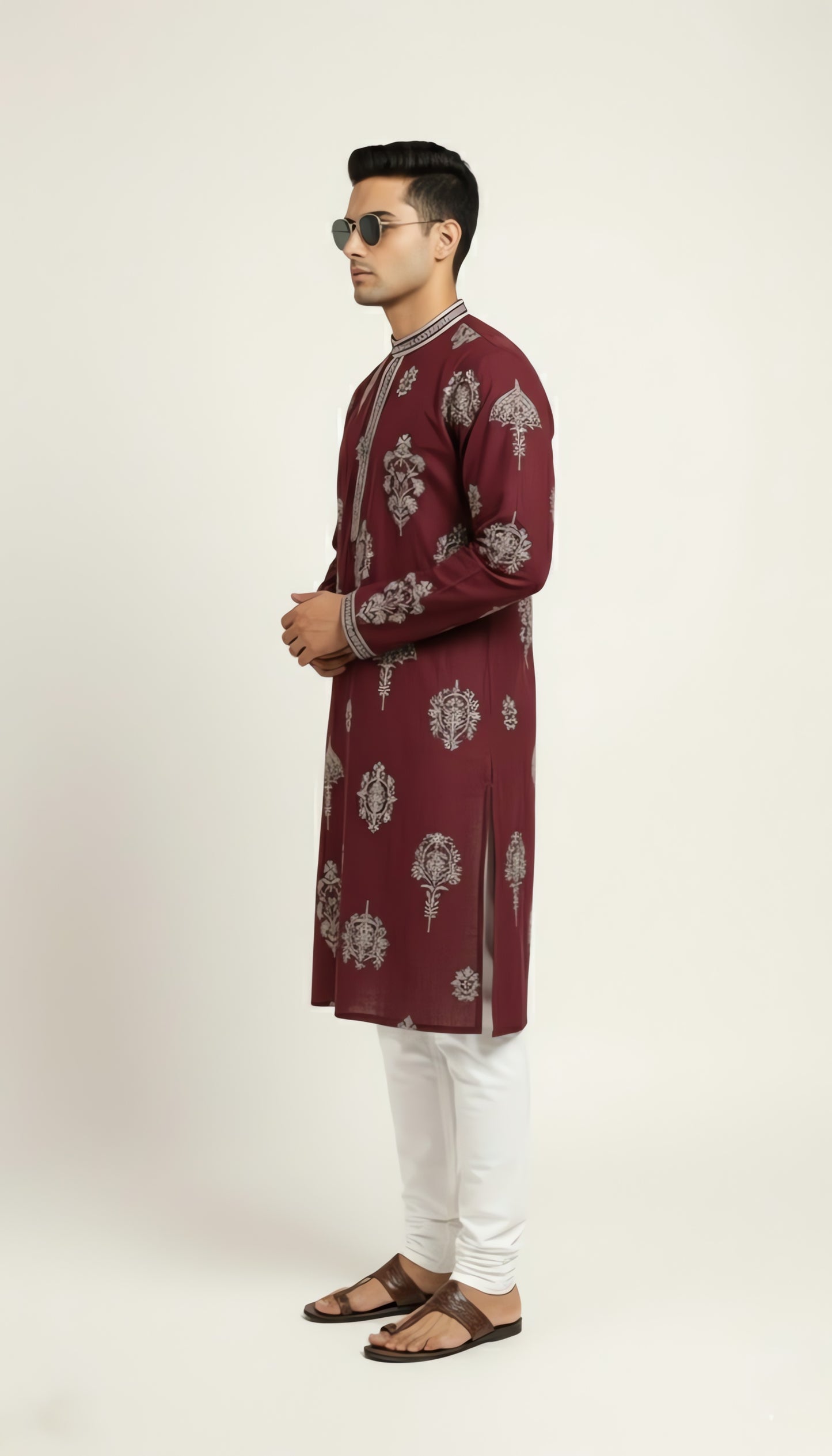 Maroon silk kurta with  embroidery