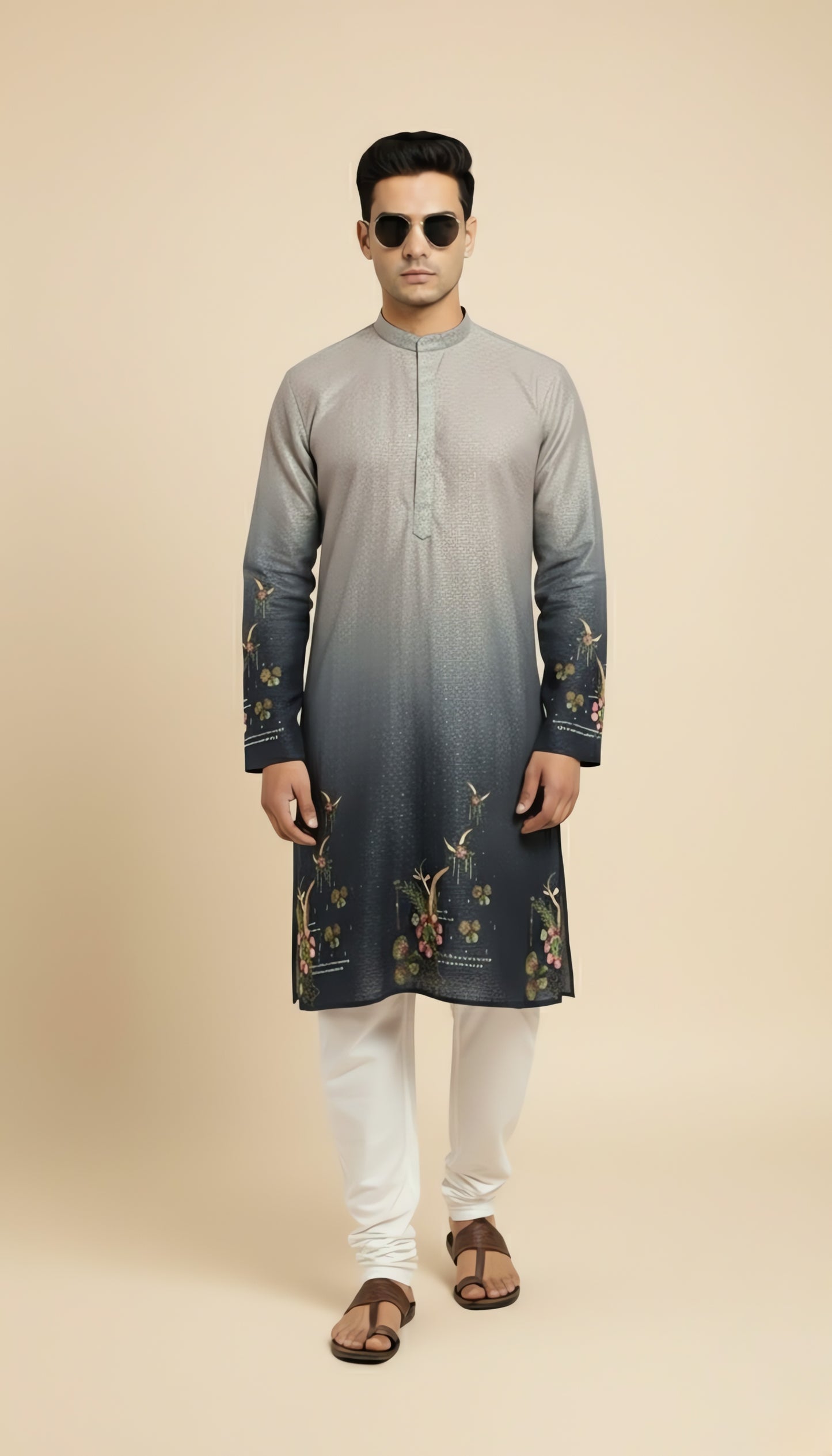 Grey-blue ombre Cotton printrd kurta with Embrodiory
