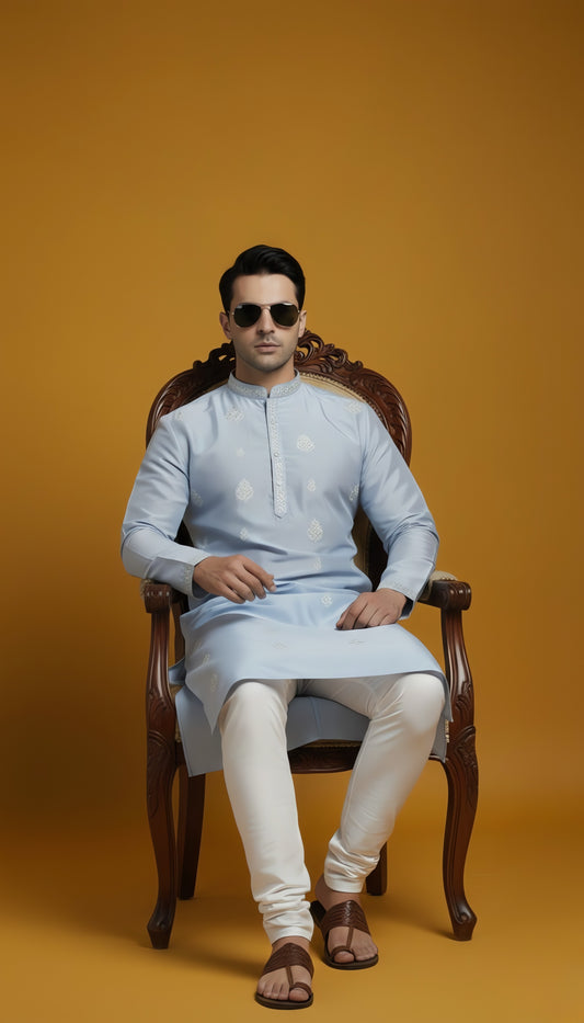 Sky blue silk kurta with  embroidery
