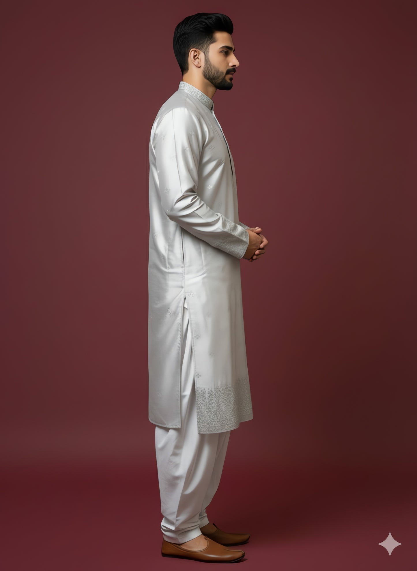 Off-White Silk Kurta with Mirror Embroidery & White Salwar Set
