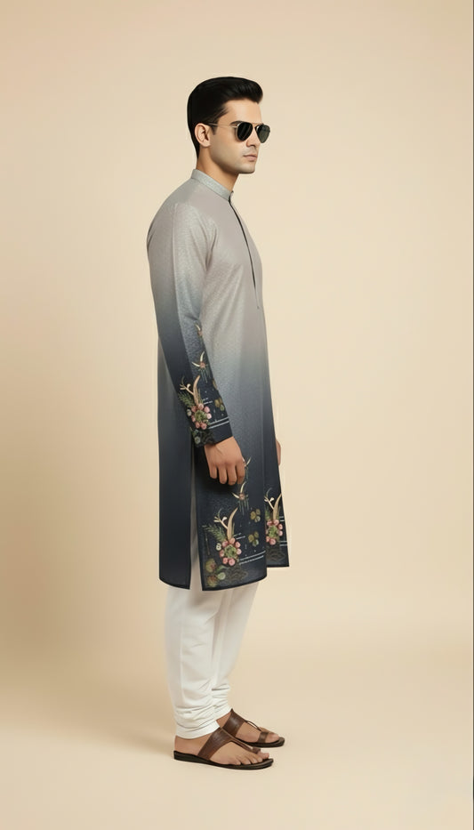 Grey-blue ombre Cotton printrd kurta with Embrodiory